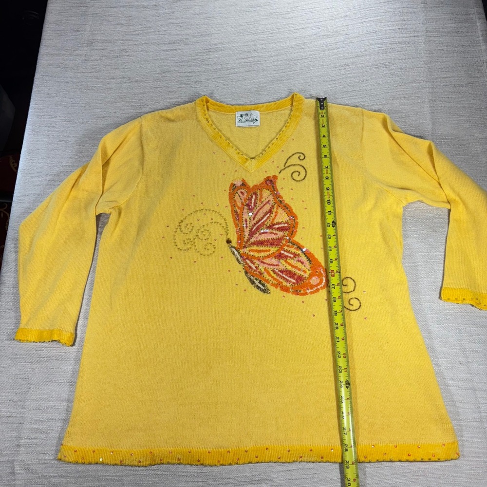 Vintage Quacker Factory‎ Yellow Butterfly Embellished V-Neck Sweater Cottagecore - Picture 6 of 8